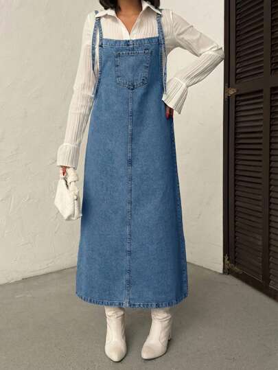 Langes Gärtner-Denim Kleid, lässig & modisch