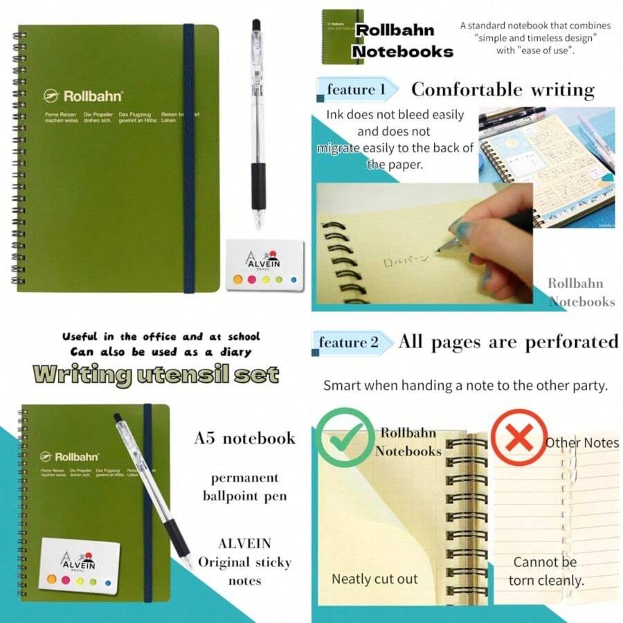 ALVEIN Japanese Stationery Set: Delfonics Rollbahn A5 Notebook Olive Retractable 0.7mm Black Ballpoint Pen Japanese Design Sticky Notes - como en la imagen - Ver 1