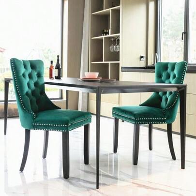 Nikki Collection Modern, High-End Tufted Solid Wood Contemporary Velvet Upholstered Dining Chair With Wood Legs Nailhead Trim 2-Pcs Set, Green, DE2001GN