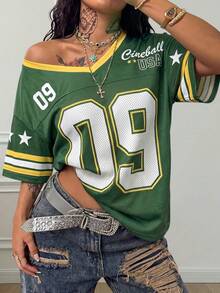 女士复古美式橄榄球球衣T恤，宽松网眼V领运动上衣，街头风穿搭 - 彩色 - 查看 2