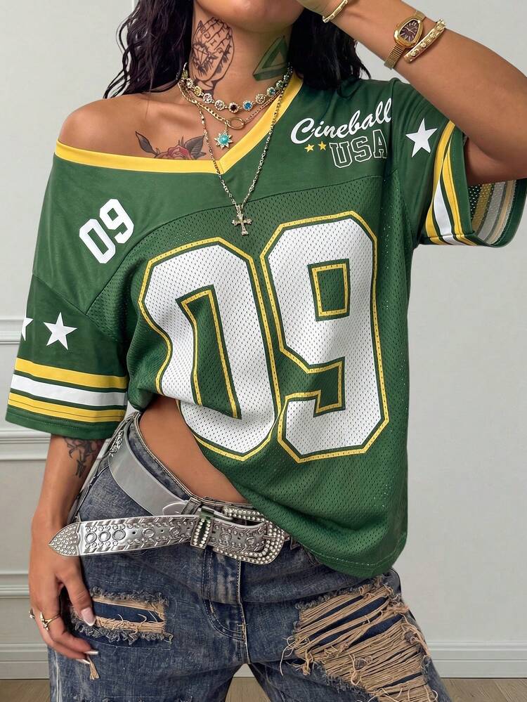 Women's Retro American Football Jersey Tee ,Oversized Mesh V-Neck Sport Top, Streetwear OOTD Casual Summer - Multicolor - View 1