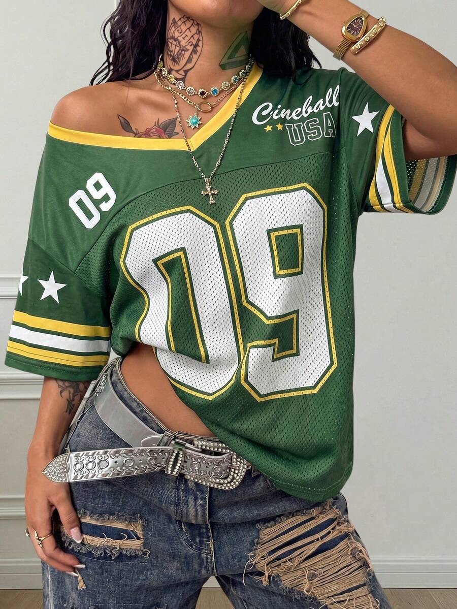 女士复古美式橄榄球球衣T恤，宽松网眼V领运动上衣，街头风穿搭