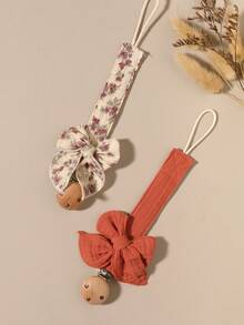 2pcs Baby Solid Color & Printed Pacifier Clips, Bowknot Wooden 3-Hole Pacifier Holder, Suitable For Daily Use, Blue, Pink, Khaki - 彩色 - 查看 16