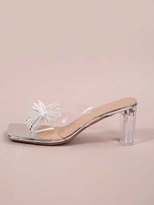 Crystal Thick Heel High Heels, Transparent Strap With Elegant Vibe, Square Toe Rhinestone Floral Decor, Versatile For Commute, Casual, Vacation, Photo Shoot - Silver - View 3