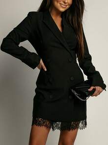 女士蕾丝拼接平领双排扣休闲百搭通勤西装外套 - 黑色 - 查看 1