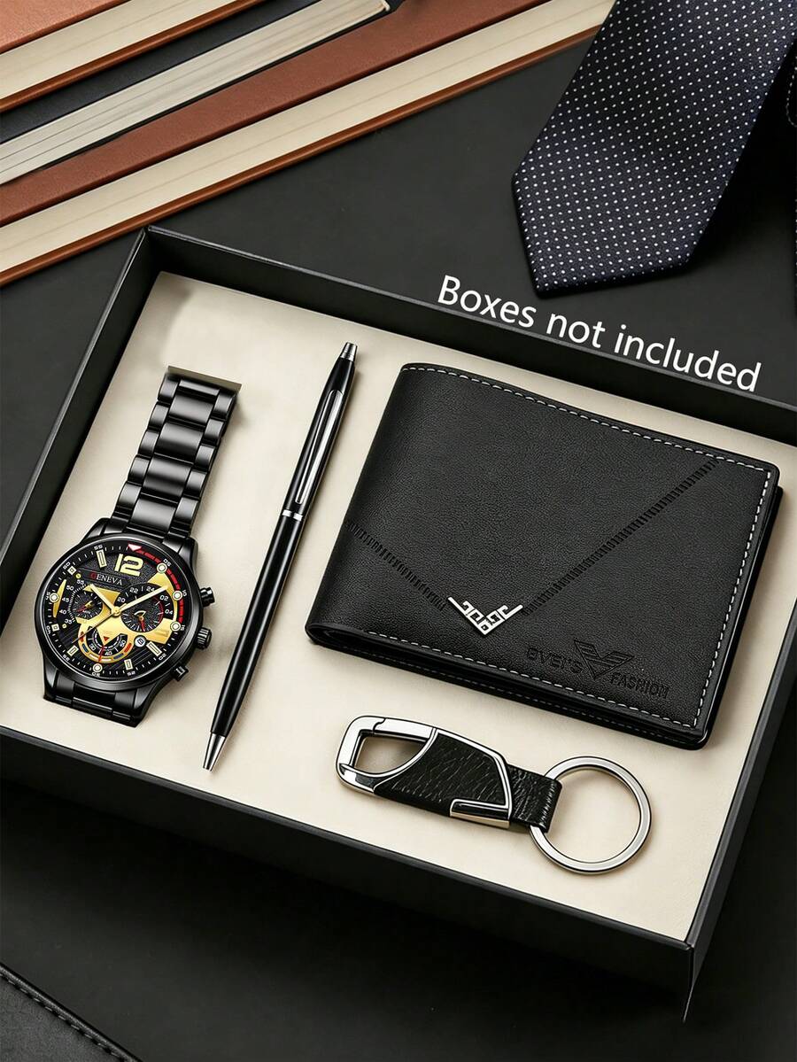 1pc/4pcs Set Business Men's Quartz Watch With Alloy Strap, Button Battery, Calendar, Quartz Watch, Pen, Wallet, Keychain, Best Gift For Father, Boyfriend (No Box) - Black - View 1
