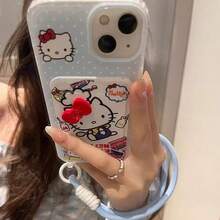 SANRIO Ốp điện thoại Hello Kitty dễ thương tương thích với iPhone 16, 17/15 Pro Max, 14 Plus, có khe đựng thẻ, dây đeo, kiểu dáng nữ tính. - Màu xanh nhạt - Xem 2