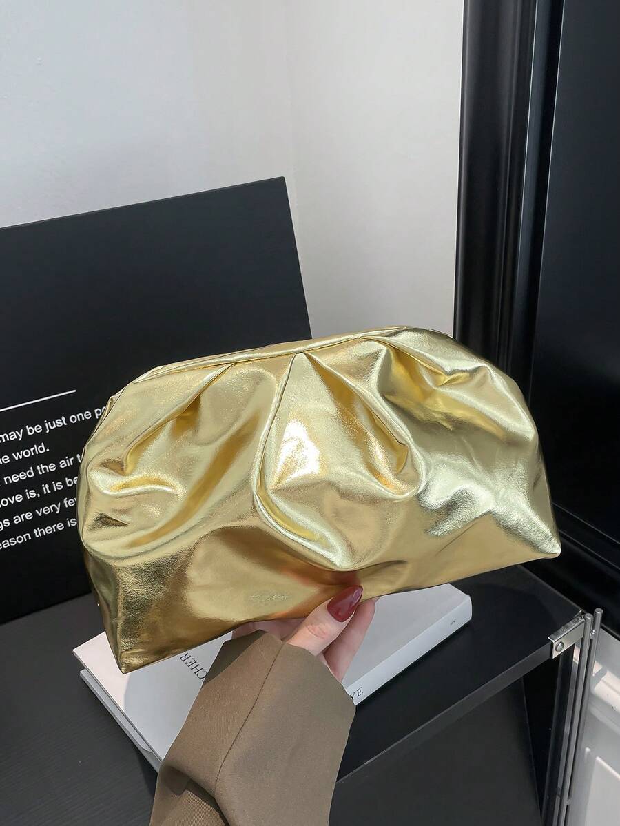 Solid Color Retro Minimalist Pleated Handbag, Fashion Handbag Suitable For Daily Use And Party, Valentine's Day Occasions - Gold - View 1