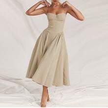 Strapless Red Camisole Dress For Women Sexy Bodycon Midi Dress Summer Sleeveless Party Clubwear With Waist Cincching Design New Fashion European And American Style Hot Selling Elegant Night Out Outfit - 杏色 - 查看 6