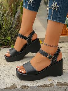 New Plus Size 36-42 Women's Contrast Stitching Decor Adjustable Open Toe Platform Wedge Heels Sandals, Retro Casual Style For Summer Outdoor, Commute, Date, Anti-Slip Thick Bottom Black Chunky Sandals - Black Embossed - View 3