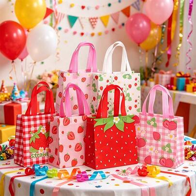 Bộ 4/15/25 túi quà tặng bằng vải không dệt họa tiết dâu tây dễ thương, màu hồng, có quai xách, kích thước nhỏ, thích hợp cho tiệc sinh nhật, lễ hội, tiệc mừng em bé, tiệc hè, lễ tốt nghiệp, tựu trường, mua sắm.