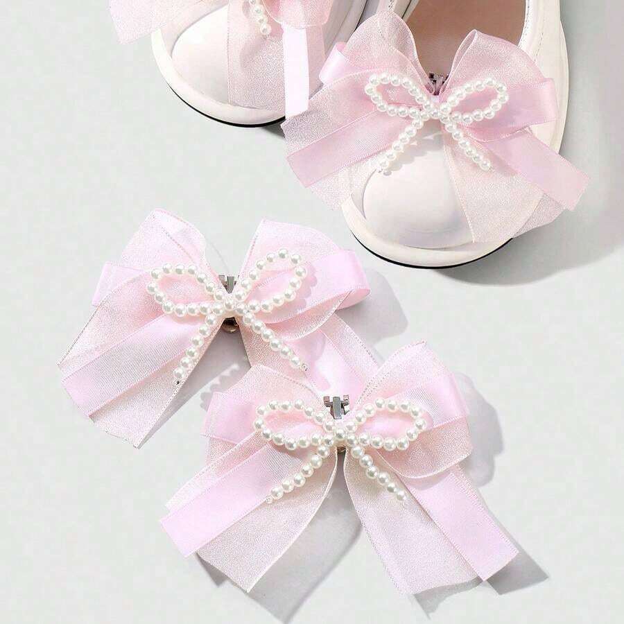 Two Pieces Of Women's Sweet And Versatile Fashion Beaded Ribbon Bow DIY Shoe Clips Shoe Decoration Set - 樣式 2 - 查看 1