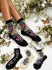 3 Pairs Women's Crystal Silk Mid-Calf Socks, Creative Butterfly Pattern Design, Fashionable, Breathable, Moisture-Wicking, Suitable For Daily Wear, Holidays, Gifts - Multicolor - View 1