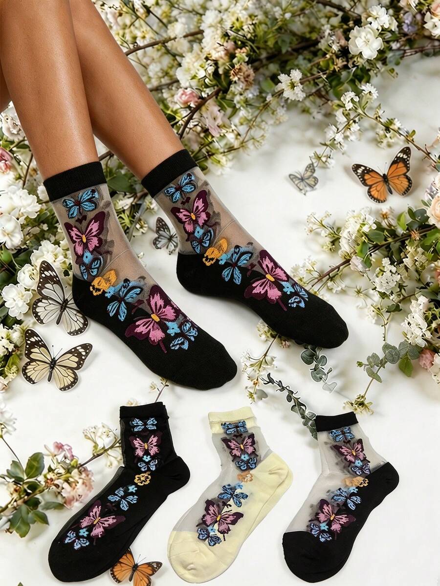3 Pairs Women's Crystal Silk Mid-Calf Socks, Creative Butterfly Pattern Design, Fashionable, Breathable, Moisture-Wicking, Suitable For Daily Wear, Holidays, Gifts - Multicolor - View 1
