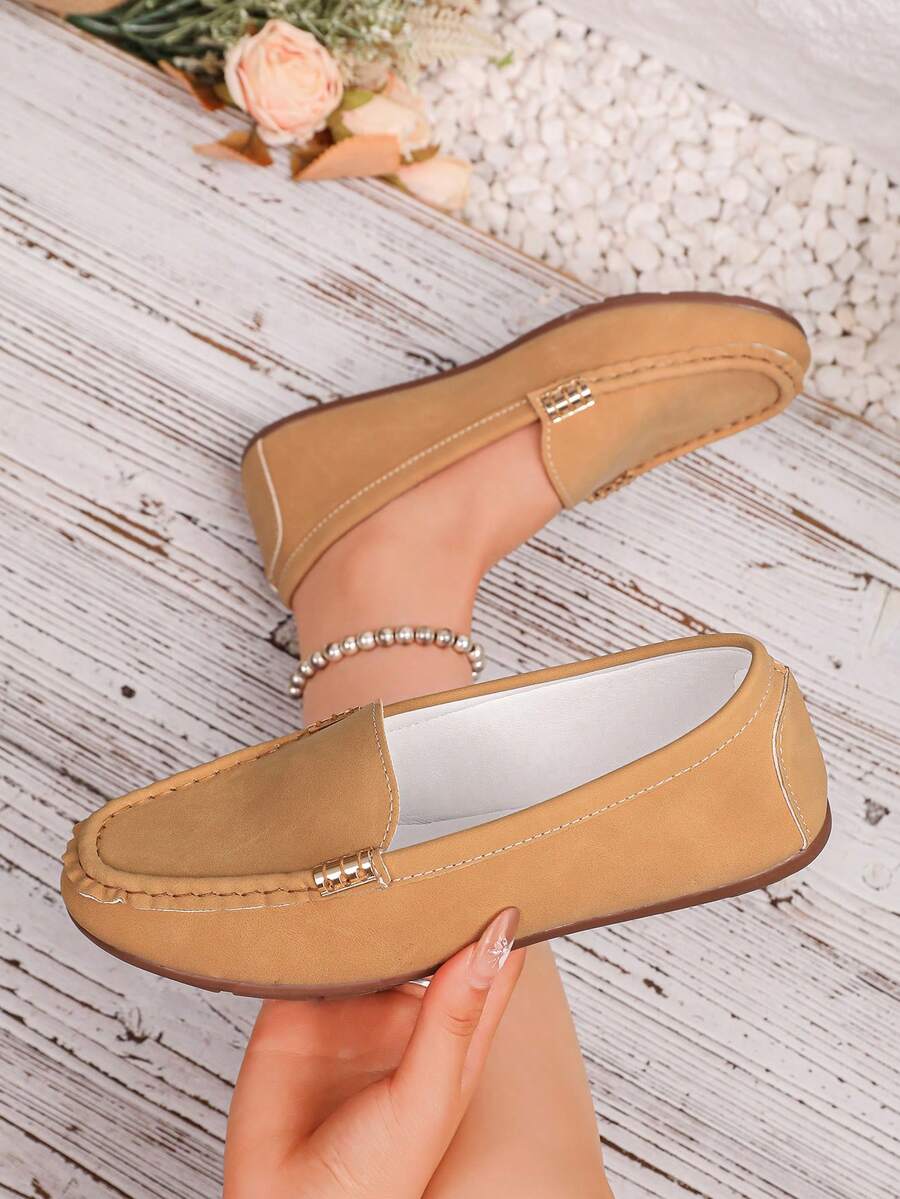 Women's New Casual Loafers, Fashion Round Toe Flat Metal Chain Slip-On Shoes - Mustard Yellow - View 1
