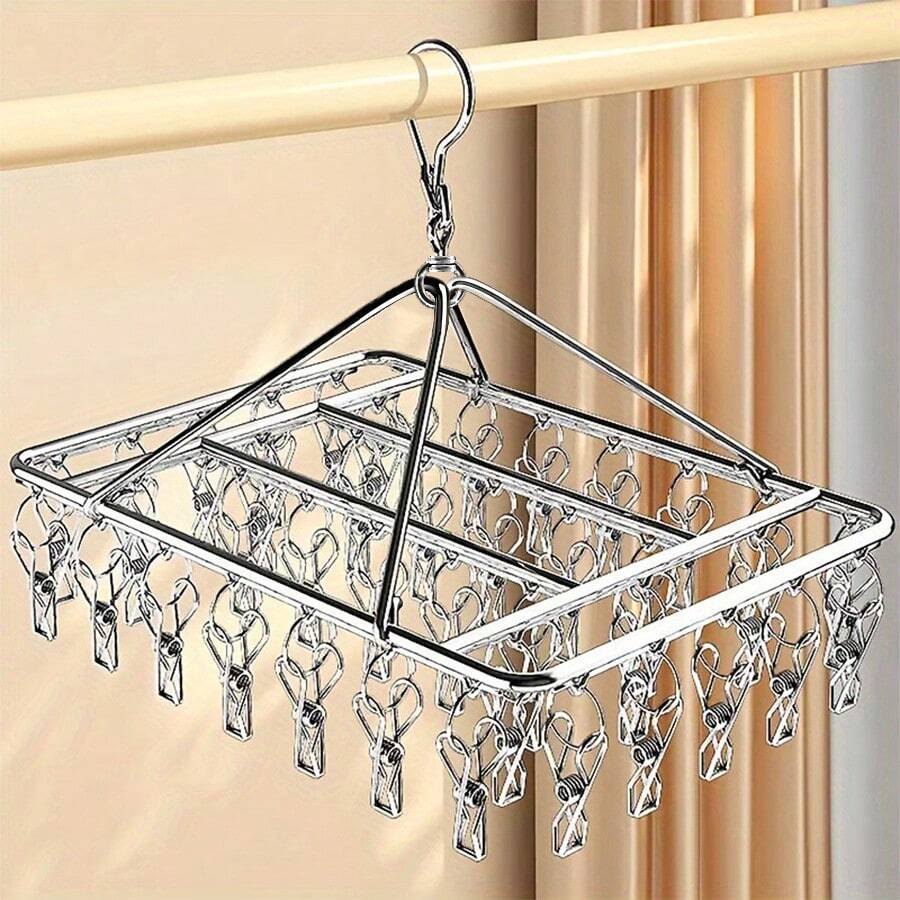 Stainless Steel Multi-Clip Drying Rack - Space-Saving Indoor/Outdoor Drying Rack, Sturdy Reinforced Household Sock Clip Drying Rack, Suitable For Balcony, Bathroom And Laundry Room - Easy To Clean Rust-Proof, Apartment Living Essential, Compact Laundry Storage, Balcony Drying Rack, Fixed Clothes Drying Rack, Heavy Duty Drying Rack