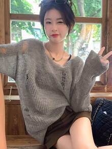 性感迷人的不对称露肩针织衫，轻薄透气，街头风十足，适合约会、居家和通勤穿着。 - 灰色 - 查看 2