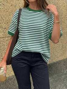 Áo thun nữ Vaiaye cổ tròn dáng rộng, kiểu dáng tối giản, phối sọc, tay ngắn, thích hợp mặc hàng ngày, đi làm, ở nhà vào mùa hè. - màu xanh lá - Xem 6