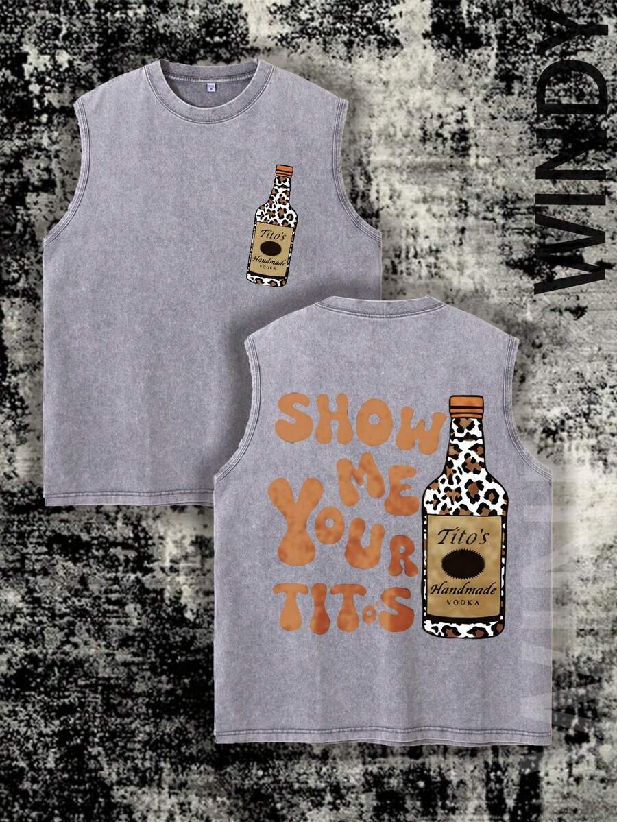 Double Side 210g Double Sided Washing Sleeveless Vest Grey Tito's Vodka Bottle And Show Me Your Titos Print Classic Printed Vest High Quality Batik Cotton Retro Fashion Brand T Shirt Men's Vest Summer Explosions Holiday Gifts Perfect Gifts - 灰色 - 查看 1