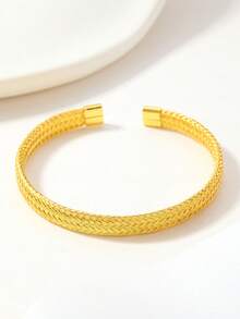 1pc 18K Gold Plated Braided Open Bangle Bracelet, Suitable For Parties, Daily Wear, And Gift Giving - Gold - View 13