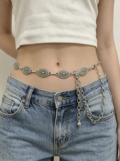 1件复古银色椭圆形雕花腰链，女士波西米亚风复古身体链腰带，Y2K风格肚链，可搭配连衣裙、牛仔裤，西式时尚饰品，日常佩戴