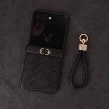 啞光奢華壓紋雕花紋理花卉圖案人造皮革折疊手機殼，附鉸鏈保護帶，1件時尚人造鑽手機掛繩，適用於 Galaxy Z Flip 8/7/7FE/6/5/4 5G 折疊手機保護殼 - 黑色 - 查看 15
