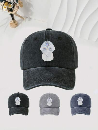 1 chiếc mũ lưỡi trai in hình "Nhân vật dễ thương" theo phong cách vintage bạc màu, chất liệu polyester, phụ kiện thời trang ngoài trời unisex, bền chắc.