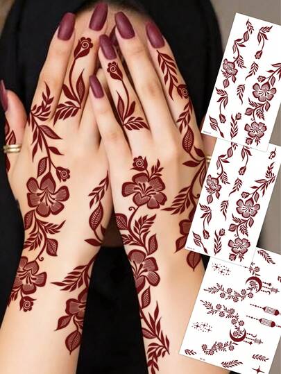 3pcs Red-Brown Leaf Temporary Waterproof Tattoo Stickers, Fashionable Realistic Water Transfer Tattoo Stickers, Middle Eastern Eid Al-Adha Body Art For Women On Hands & Feet, Suitable For Festivals, Weddings, Gifts And Daily Wear, Temporary Tattoo, Waterproof Hand Tattoo, Applicable For Eid Decoration, Mandala Stickers, Mehndi Tattoo, Sexy Ramadan Stickers, Suitable For Weddings, Festivals, Parties, Valentine's Day