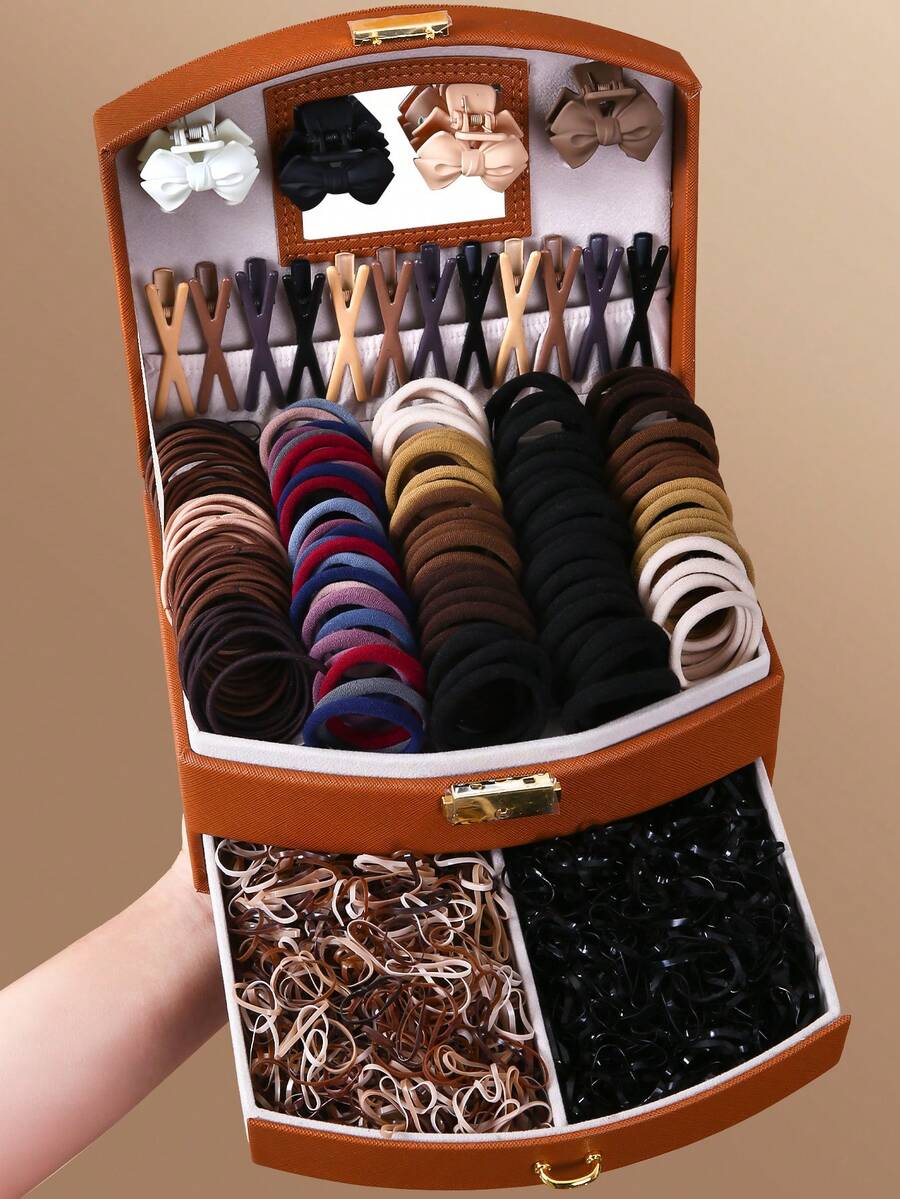 819件/套多功能棕色发圈，可爱女孩弹力发绳，耐用发饰，简约蝴蝶发夹，适合日常佩戴和返校季，头饰，爪夹，发圈 - 彩色 - 查看 1