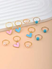 10pcs Pink & Blue Heart Shaped Braided Hair Ties With Pearl, Essential Hair Accessories For Women, Claw Clips,Hair Clip,Party - Multicolor - View 3