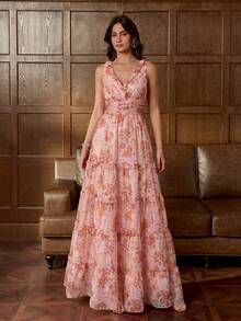 Faeriesty Elegant V-Neck Backless Tie-Up Bohemian Style Maxi Dress For Women, With Ruffle Hem And Ditsy Floral, A-Line Flowy Beach Dress, Suitable For Daily Wear, Weekend Outings, Beach Vacations, Park Strolls And City Walks Party Summer - Coral Pink - View 2