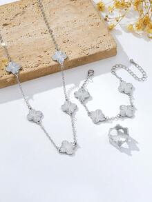 1pc Flower Necklace, 1pc Flower Bracelet, 1pc Flower Ring, Fashionable Casual Four-Leaf Clover Flower Jewelry Set - Silver - View 3