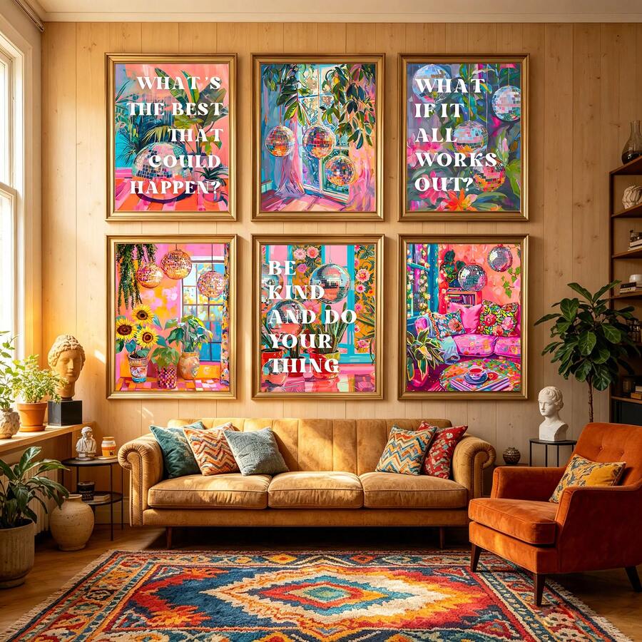 1/6PCS Maximalist Disco Ball Canvas Wall Art Set, Color Inspirational Quote Prints For Room Aesthetics, Optional Frame Wall Decoration, Vibrant Bohemian Minimalist Home Decoration, Room Decoration Supplies, Ideal For Living Rooms, Bedrooms, Offices, Bars, University Dormitories, Daycare Centers, Baby Rooms, Bathrooms, Kitchens, Aesthetic Room Decoration, Retro Disco Gallery Walls, Framed/Unframed Canvas Prints, Home Decoration Supplies - Multicolor - View 1