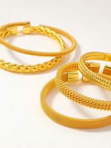 1pc 18K Gold Plated Braided Open Bangle Bracelet, Suitable For Parties, Daily Wear, And Gift Giving - Gold - View 3