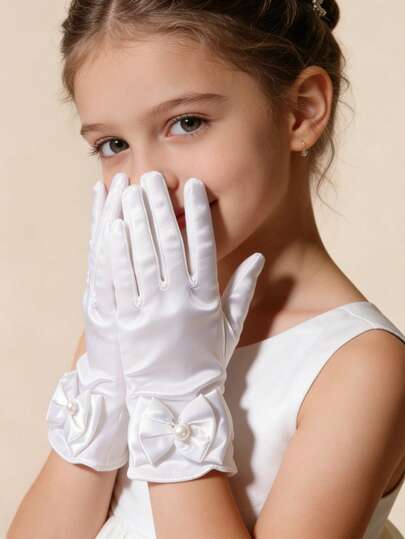 Phụ kiện trang phục dự tiệc cho trẻ em: Găng tay, găng tay kimono màu đỏ có nơ và trang trí ngọc trai.