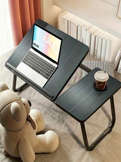 1 pièce Table d'étude pliante avec porte-gobelet et bandes antidérapantes, réglable sur 5 vitesses, fabriquée en bois recyclé massif - gain de place, convient pour la maison, le bureau, les dortoirs, les zones de chevet et les canapés - idéal pour travailler, étudier et dîner - bureau pour ordinateur portable et support pour ordinateur portable pour les bureaux et les chambres à coucher, avec un design esthétique moderne et une durabilité à long terme