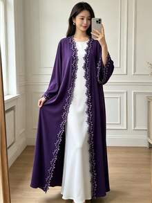 1 chiếc áo choàng dài Abaya dành cho phụ nữ Hồi giáo, thêu họa tiết lá cây tinh tế, kết hợp giữa thiết kế truyền thống và hiện đại của trang phục Ả Rập. - Màu tím - Xem 8