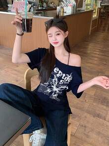 美式复古休闲露肩短袖蝴蝶印花宽松T恤上衣，夏季 - 藏蓝色 - 查看 3