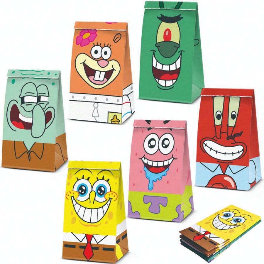 SpongeBob SquarePants 12入/6入主題紙製禮品袋 卡通糖果手提袋 耐用牛皮紙袋 適合生日派對、節日禮物與粉絲活動，可愛慶祝場合派對小禮 (隨機款式)