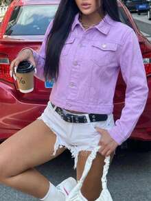 Áo khoác ngắn kiểu dáng nữ có túi - Màu tím - Xem 7