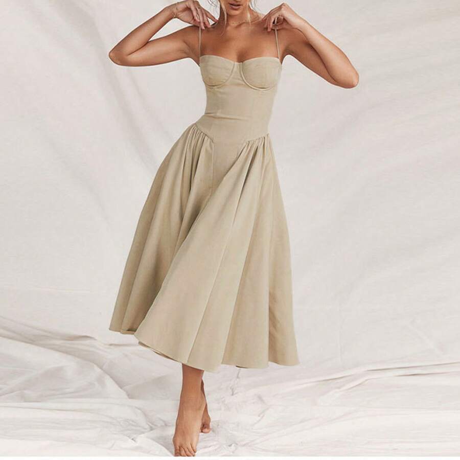 Strapless Red Camisole Dress For Women Sexy Bodycon Midi Dress Summer Sleeveless Party Clubwear With Waist Cincching Design New Fashion European And American Style Hot Selling Elegant Night Out Outfit - 杏色 - 查看 1