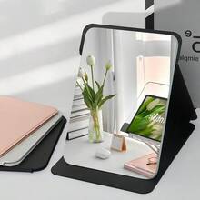 1 pieza Espejo de escritorio portátil ajustable, espejo plegable de cuero PU con soporte, adecuado para uso en el hogar, viajes y dormitorios - Negro - Ver 4