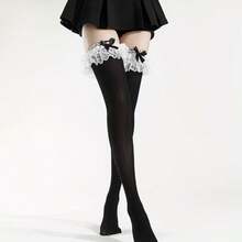 1 Pair Of Knee-High Socks For Women, Made Of Thin Fabric With Lace Trim And A Bow Detail, Suitable For Summer Wear  Polyester - 白色 - 查看 2