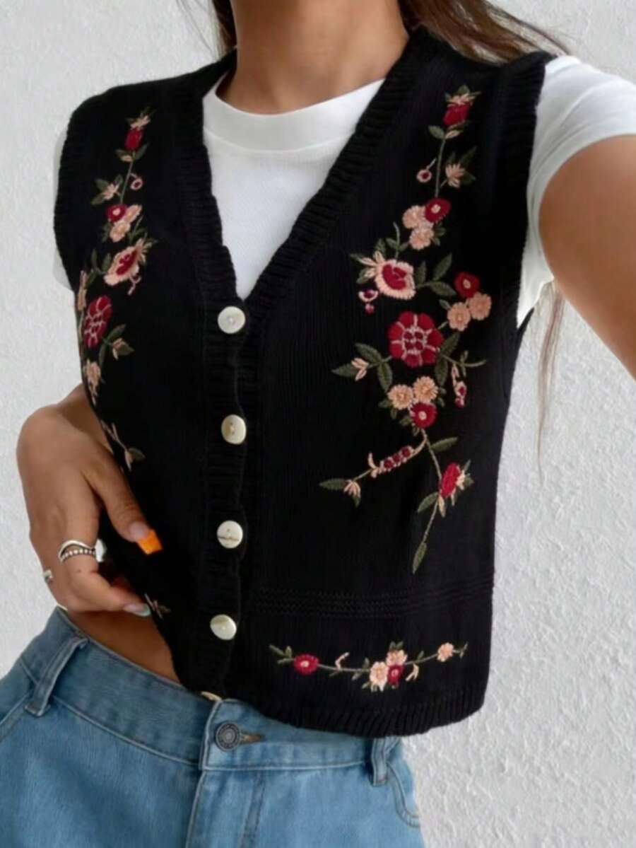 Chaleco de punto elegante bordado de talla grande, negro para vacaciones - Negro - Ver 1
