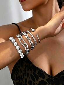 5pcs/Set Vintage Exaggerated Minimalist Ancient Coin Design Multi-Layer Chunky Chain Beaded Bracelet Set, Elegant Casual Style, Suitable For Dates, Vacations, Daily Wear, Parties, Holidays, Gifts For Women - Silver - View 2