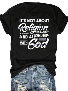 Camiseta de Mujer con Estampado Religioso y Cuello Redondo en Talla Grande - Negro - Ver 2
