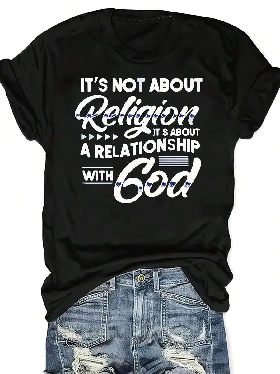 Camiseta de Mujer con Estampado Religioso y Cuello Redondo en Talla Grande