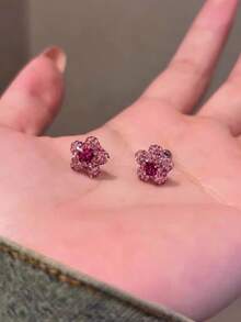 1 par de elegantes pendientes de botón con flores rosas y brillantes de rhinestone, diseño minimalista, versátil, lindo y delicado, adecuado para uso diario, citas y ocasiones casuales - Rosa - Ver 4
