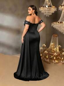 露肩亮片连衣裙，黑色缎面鱼尾长裙，褶皱腰身晚礼服，性感派对宴会礼服，欧美风格修身正式礼服 - 黑色 - 查看 3