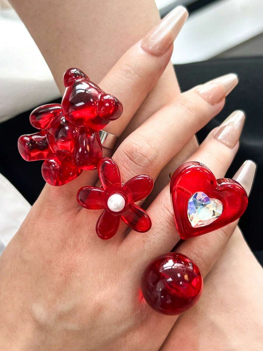 Bộ trang sức nhựa dẻo màu đỏ mới, 4 món/1 món, trang trí hình trái tim gấu dễ thương, đính ngọc trai, phụ kiện nhẹ phù hợp cho nữ giới đeo hàng ngày, dự tiệc, lễ hội âm nhạc. - Nhiều màu - Xem 1